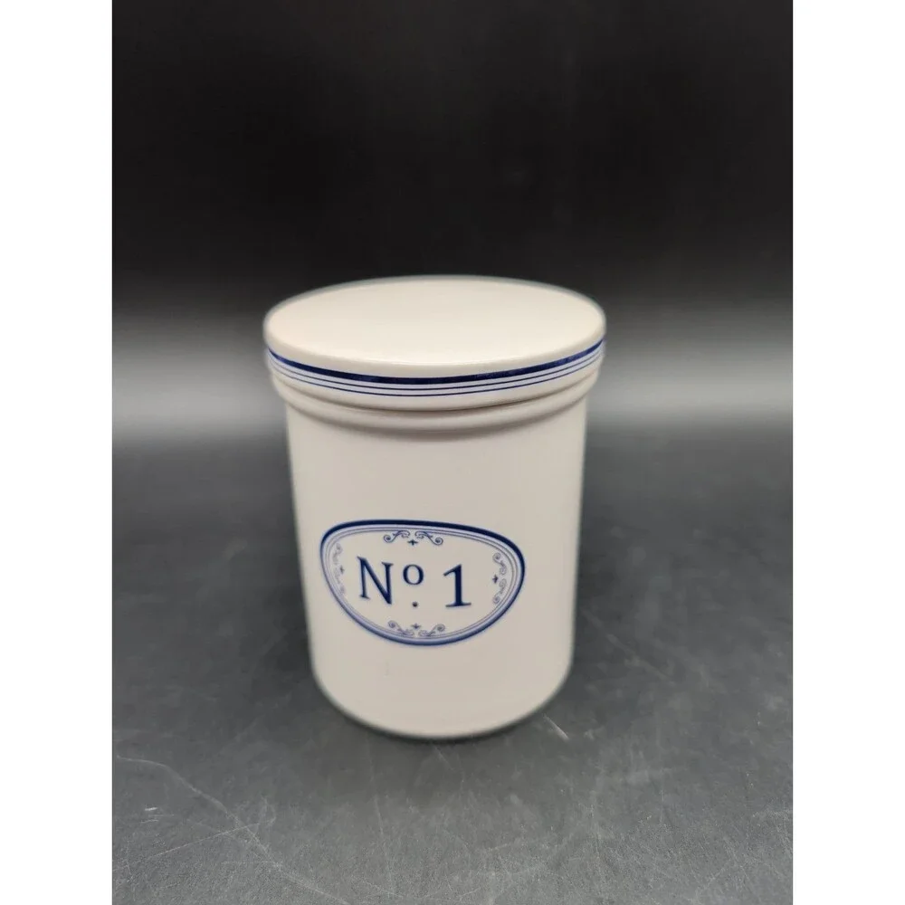 Vtg Sur La Table Le Marais Ceramic Canister No 1 French Bistro Blue White Jar